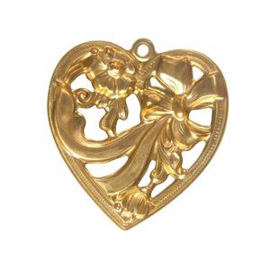 Goldtone Heart Pendant ONLY Repousse Metal Bow Flower Floral Filigree Valentine